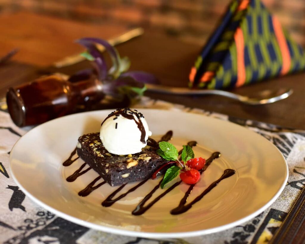 Indulge in decadent chocolate brownie at The Hut Hotel, one of Kigali's best hotels.